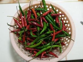青红辣椒洗净晾干。
