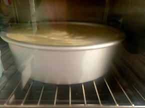 把蛋糕糊倒入8寸模具里，震几下。烤箱150度预热，上下火150度烤60分钟