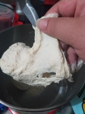 加入软化的黄油继续揉10分钟至出膜，可以拉出厚而富有弹性的膜