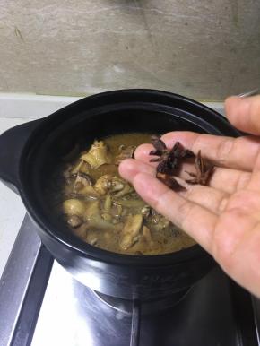把鸡肉倒入到砂锅里，再加入少许白糖提鲜，八角也加入。