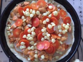 将鸡肉，红萝卜，土豆，玉米放入披萨中（提前将红萝卜，土豆切成片，和玉米一起放入水中，煮熟）