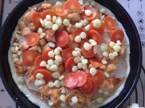 将鸡肉，红萝卜，土豆，玉米放入披萨中（提前将红萝卜，土豆切成片，和玉米一起放入水中，煮熟）