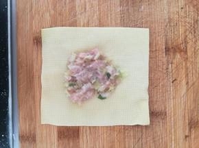 千张中间放上肉馅。然后以肉馅为中点，两边对折过去。