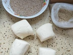 备好芝麻和芝麻碎，面团分成若干小面团