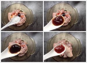 将鸡翅放入碗中，加入一勺番茄酱、一勺蚝油、一勺叉烧酱，一小勺盐拌匀。