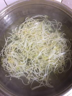 把绿豆芽也放进去焯水至断生即可捞出沥干水份备用！
