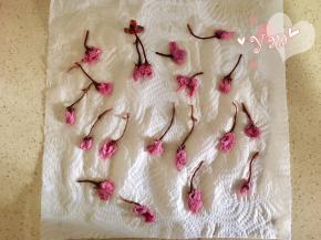 盐渍樱花用水浸泡半小时，用厨房纸沥干水分。