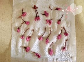 盐渍樱花用水浸泡半小时，用厨房纸沥干水分。
