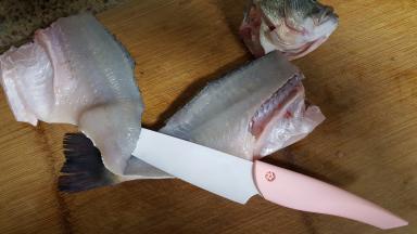 3.从下颌处下刀，将鱼头劈半刀，鱼身用刀略拍，剔下两面鱼肉，新败的奈瓷刀不仅颜值高片鱼也是杠杠滴，分分钟搞定，女生用起来也是毫不费力。