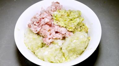 白菜剁碎轻微的攥一下水分，五花肉搅成肉糜，葱，姜剁碎。