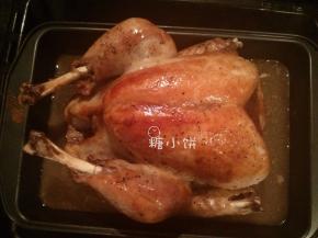 一般看到的烤火鸡方法都是不翻面的，话说这个大家伙要翻面也很困难啊。但是我看底部颜色太白了，所以中途非常手贱地翻了个面，烫得我自己也是十分感动。但是来回翻的时候把腿啊翅膀啊啥的给折断了，因为肉已经烤得容易撕扯下来了，我真的不是大力金刚╮(╯▽╰)╭