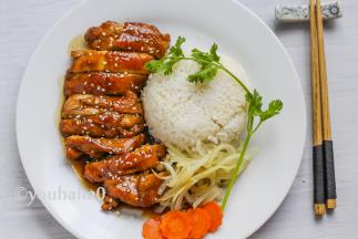 鸡排切开摆放盘中，浇上汤汁，撒少许的白芝麻，放上洋葱丝，放一碗米饭