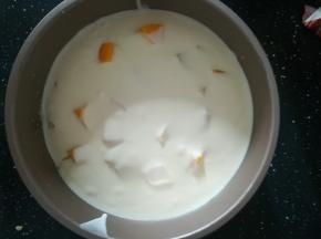 把慕斯糊倒入模具里面，倒一半。然后震一震，震出气泡。。