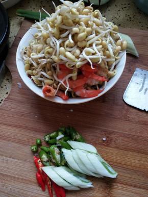 豆芽洗净，备好葱姜辣椒