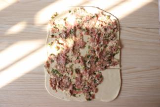 放入拌好的肉泥，右下角的面皮不要放