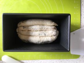 放入450g的吐司盒中，喷上清水，进行第二次发酵，发酵到吐司盒的9分满，盖上吐司盒，烤箱提前预热170度，上下火，烤30分钟