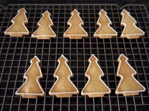 准备一个小孔的裱花嘴，取两大勺浓稠糖霜装入裱花袋，描画出圣诞树的轮廓。