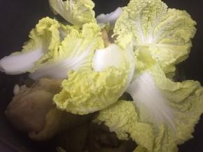 然后转入高压电饭煲中，可根据自己的口味添加适量白菜或不加均可。调成鸡鸭肉档。