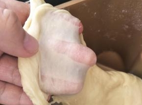 继续揉至完全阶段，可以扯出较为结实的透明薄膜