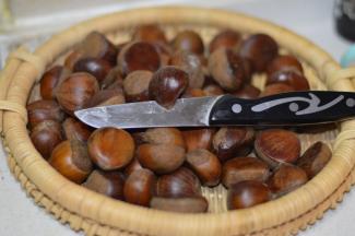 然后用刀在栗子上划上一刀，划的时候注意，别伤到手。