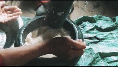 趁热把糯米倒入石臼中捶打，一个人翻糯米，一个打