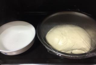 放入烤箱，旁边放一碗热水，按发酵健！(也可以直接放在烤箱里，关上烤箱门，不用插电，让它室温发酵！不过时间有点儿长哦！)