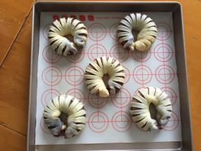 放入烤箱二次发酵30分钟，下面放一碗温水，二次发酵好后拿出刷上蛋液，