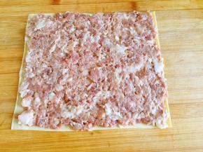 半张干豆腐上面铺薄薄的一层肉馅
