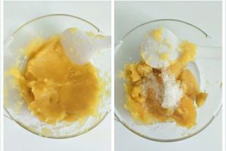 把蒸熟的番薯捣成泥，趁热加入白糖拌匀