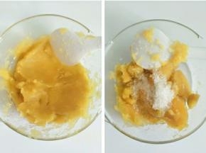 把蒸熟的番薯捣成泥，趁热加入白糖拌匀
