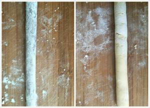 两种面团搓成长条，切成小粒