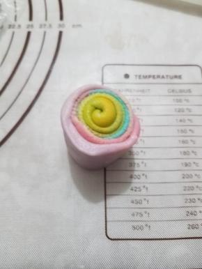 然后你喜欢哪个颜色在顶端，就把哪个颜色卷在里面。依次擀好全部，卷起来，盖上保鲜膜醒20分钟。