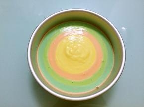 然后根据自己喜好依次一个颜色一个颜色从中间倒入八寸模具中，直到所有颜色全部倒入，然后用手端住模具用力震几下，把大气泡震掉。