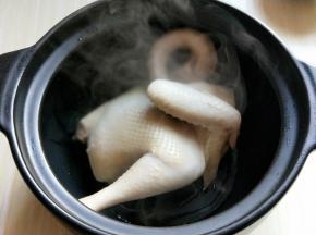 冲洗干净的母鸡放入砂锅中。