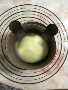 将面团排气，滚圆放入模具中。