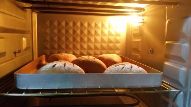 将面包坯放入预热好的烤箱中下层，上火150度，下火180度，烘烤20分钟