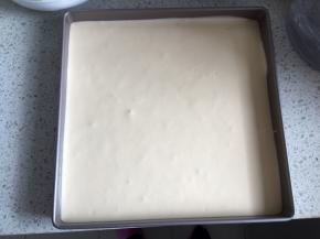 把蛋糕糊倒入28cm*28cm的不粘烤盘中，轻震几下排出大气泡