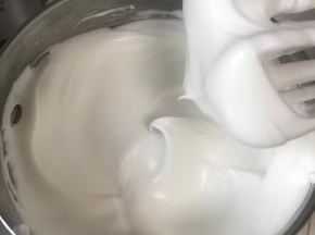 低速打发至蓬松鱼眼状，中速打发至偏中性发泡，比湿性要硬一点，这个时候烤箱开始预热，上火150度，下火100度预热10分钟