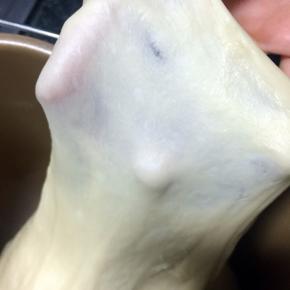 醒好的面团很容易出手套膜。

手套膜状态的面团在烤制时是会有拉丝的，口感很好，绵密、柔软。