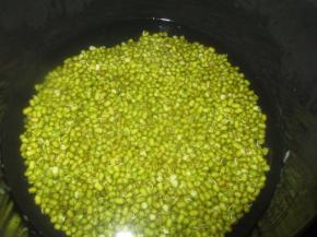 绿豆放进盆子里加水浸泡，约泡二个小时以上，放进高压锅里，加入适量的水