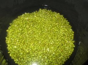 绿豆放进盆子里加水浸泡，约泡二个小时以上，放进高压锅里，加入适量的水