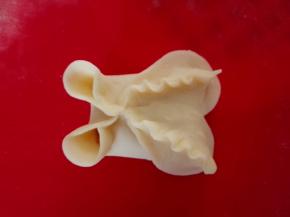 如图把捏合在一起的边，用手捏成褶皱的花边，再把翻过去的部分打开，就形成一个美丽的蝴蝶了。