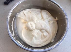 打发好的蛋白分两次加入蛋黄糊里，翻拌均匀