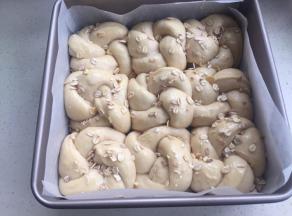 烤箱发酵到2倍。涂蛋黄液，撒燕麦片