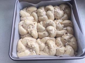 烤箱发酵到2倍。涂蛋黄液，撒燕麦片