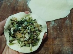 取一面皮，将馅料放入面皮中。