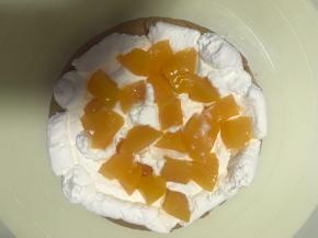 挤一层奶油放黄桃丁，再挤一层脑油，盖上另一片蛋糕