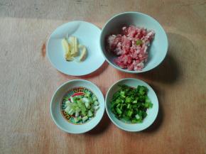 生姜切丝，香葱切葱白一份葱花一份，准备好肉糜