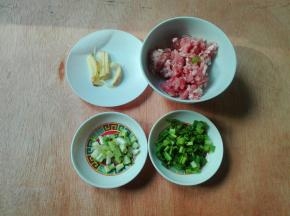 生姜切丝，香葱切葱白一份葱花一份，准备好肉糜