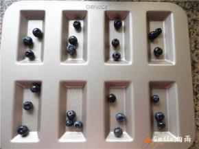 将学厨费南雪模具涂一层薄薄的玉米油，每个格子放3-4粒新鲜蓝莓(学厨模具是不沾的)。